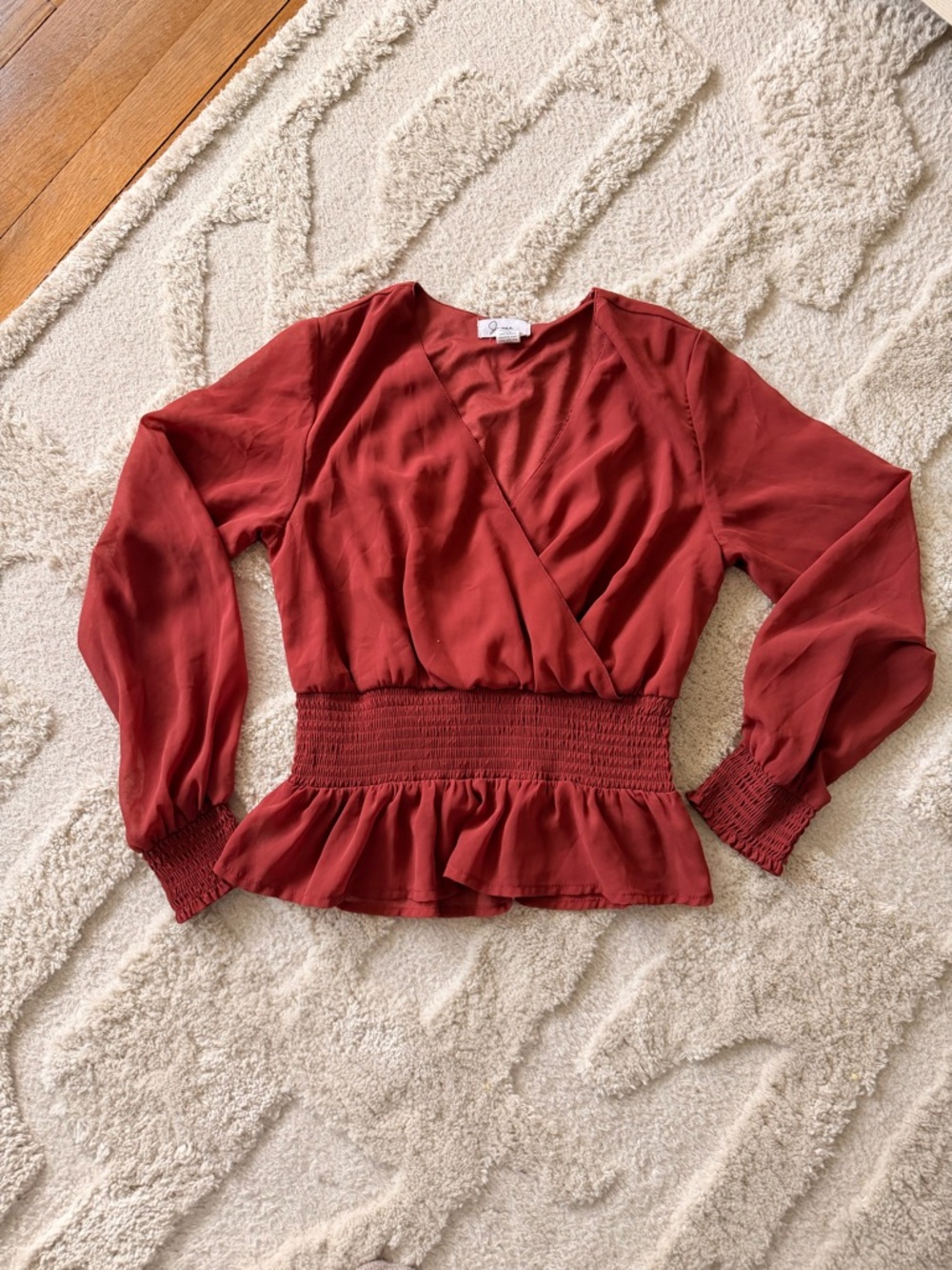 Rust Red Wrap-Front Blouse with Smocked Waist